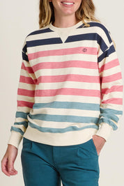 A model wearing the Stripe Crew Neck Cotton Sweatshirt in colour Multi, from the front, cropped image