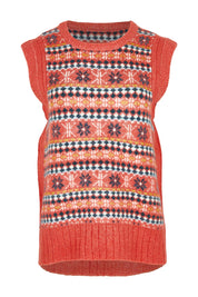 Product shot of the Pink Fairisle Knitted Vest in colour Red (Red), from the front