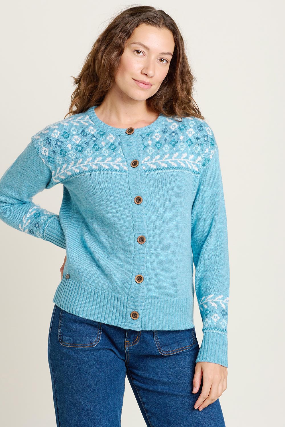 A model wearing the Laurel Knitted Cardigan in colour Blue (Blue), from the front, cropped image