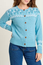 A model wearing the Laurel Knitted Cardigan in colour Blue (Blue), from the front, cropped image
