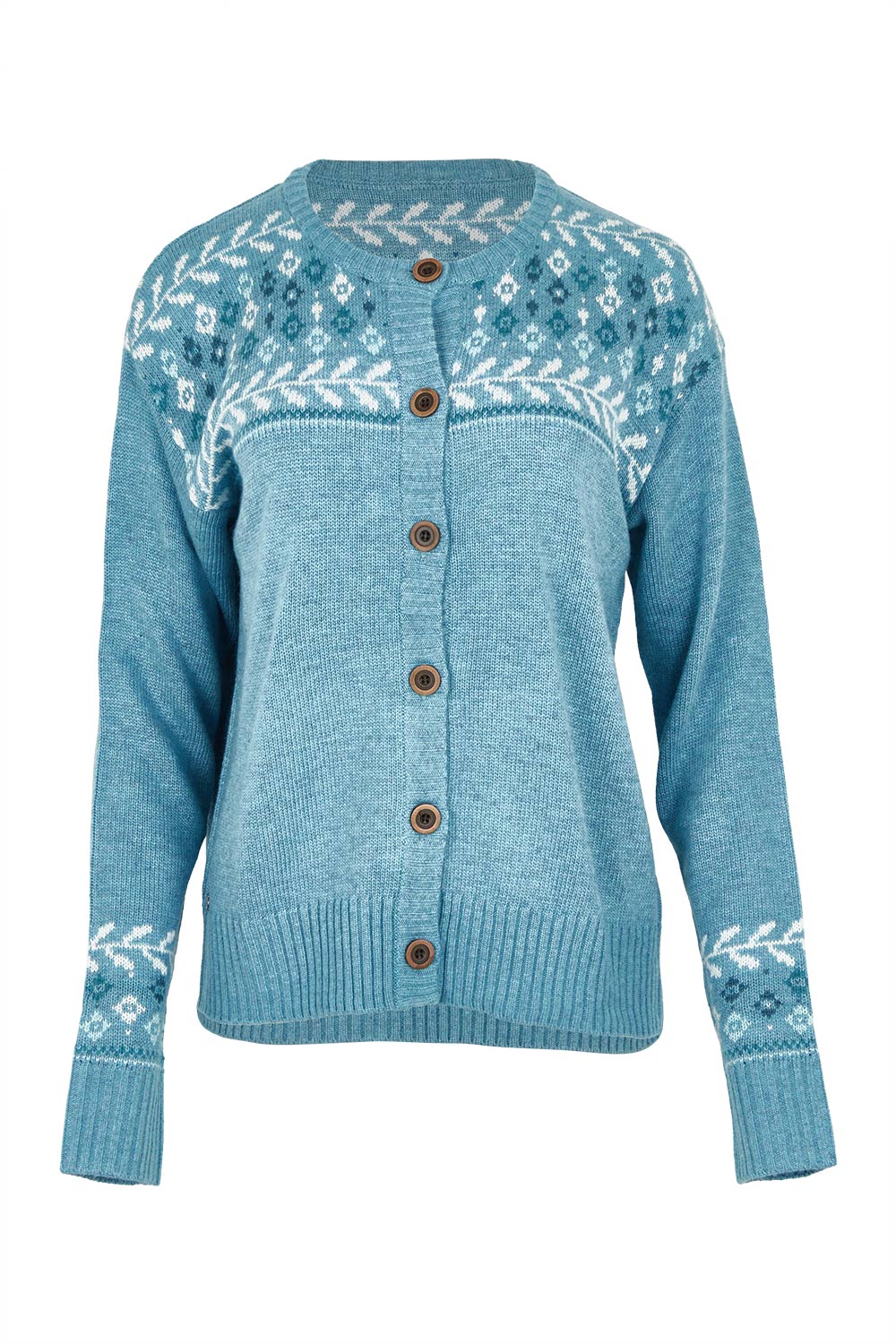 Product shot of the Laurel Knitted Cardigan in colour Blue (Blue), from the front