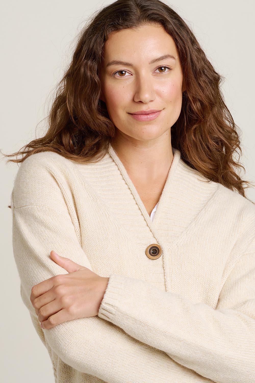 A model wearing the Shawl Collar Wool Blend Cardigan in colour Cream, from the front, cropped image