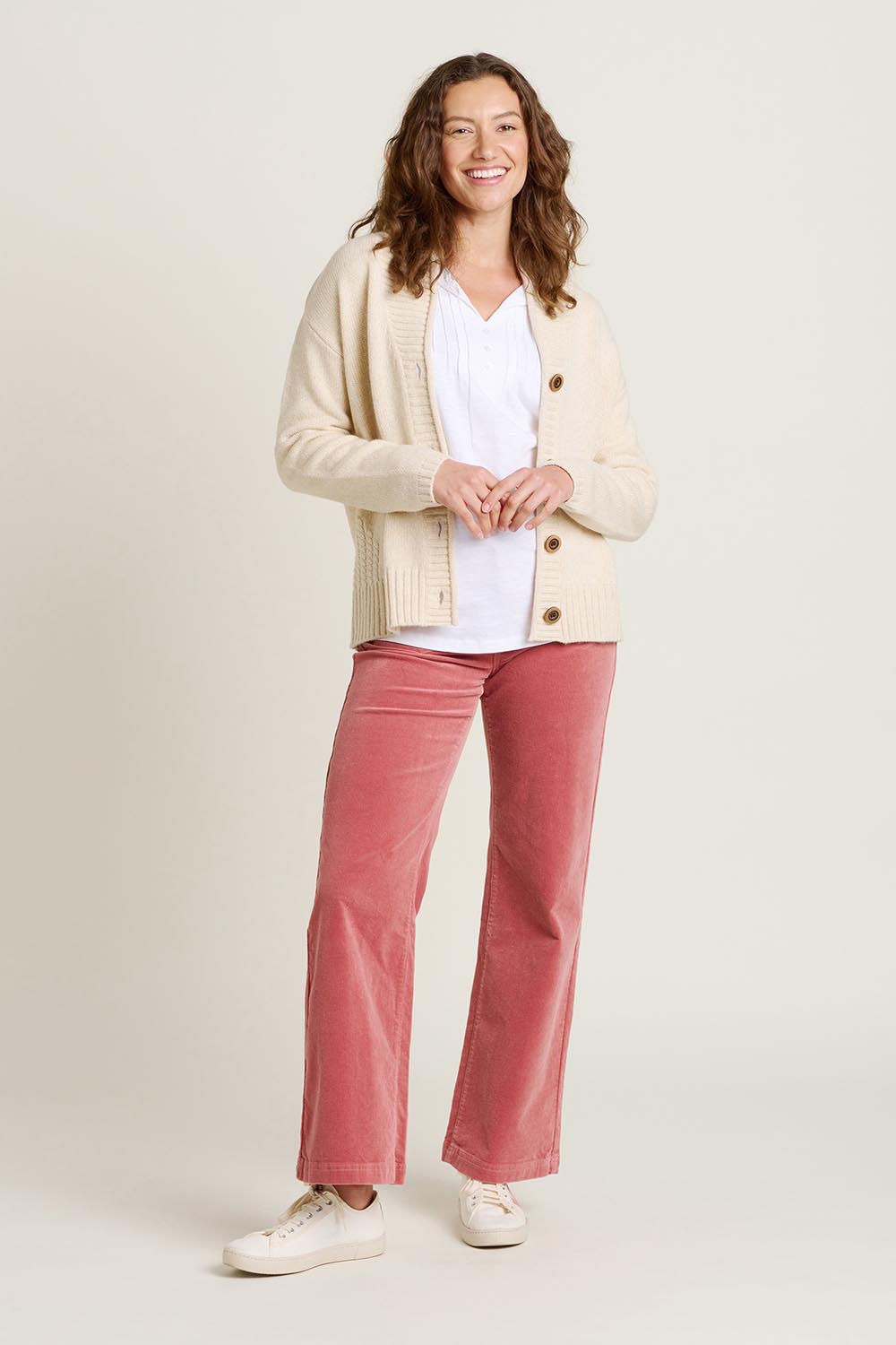 A model wearing the Shawl Collar Wool Blend Cardigan in colour Cream, from the front, showing the whole outfit