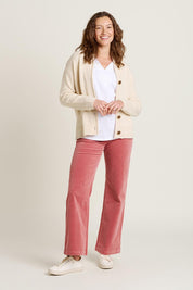 A model wearing the Shawl Collar Wool Blend Cardigan in colour Cream, from the front, showing the whole outfit