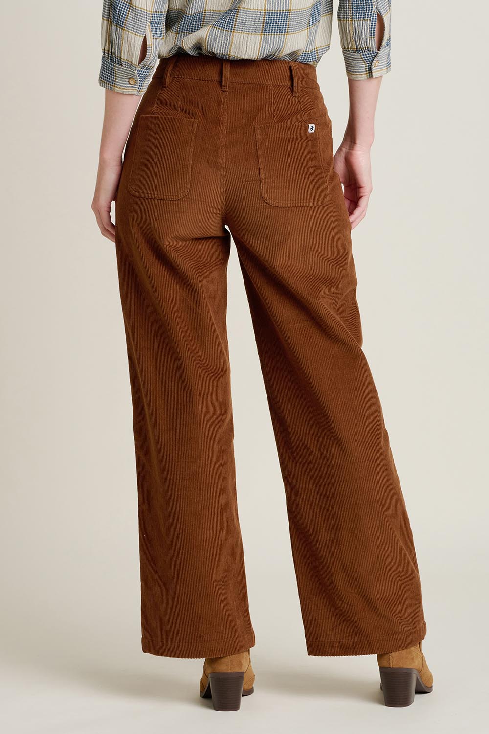 A model wearing the Wide Leg Cord Trousers in colour Brown, from the back