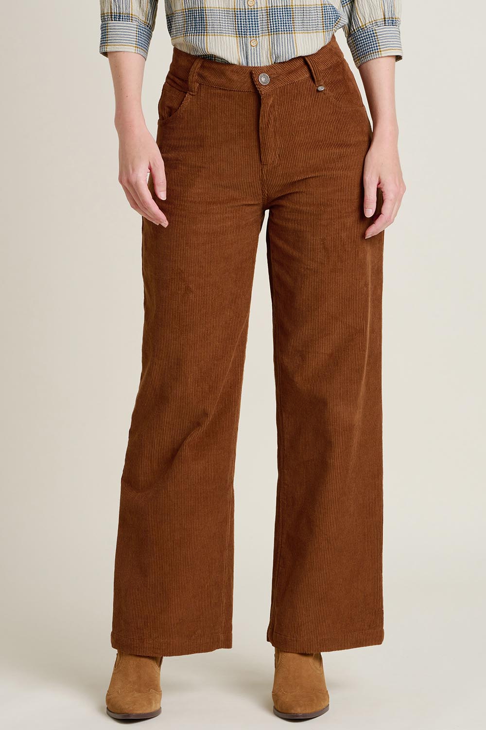 A model wearing the Wide Leg Cord Trousers in colour Brown, from the front, cropped image