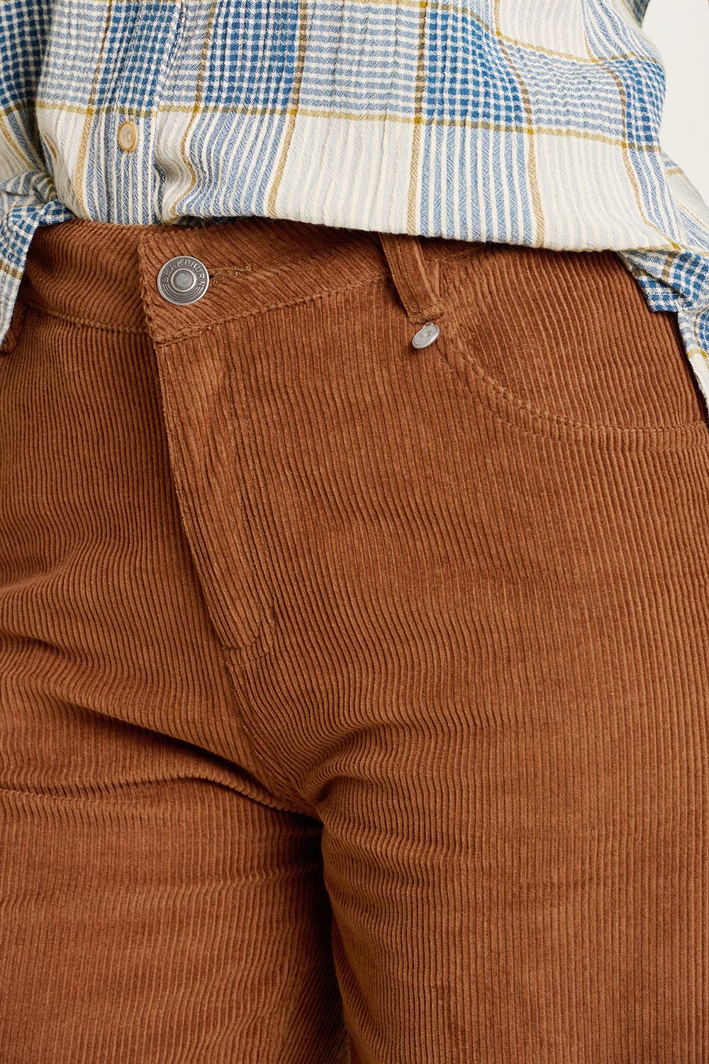 A model wearing the Wide Leg Cord Trousers in colour Brown, from the front, cropped image