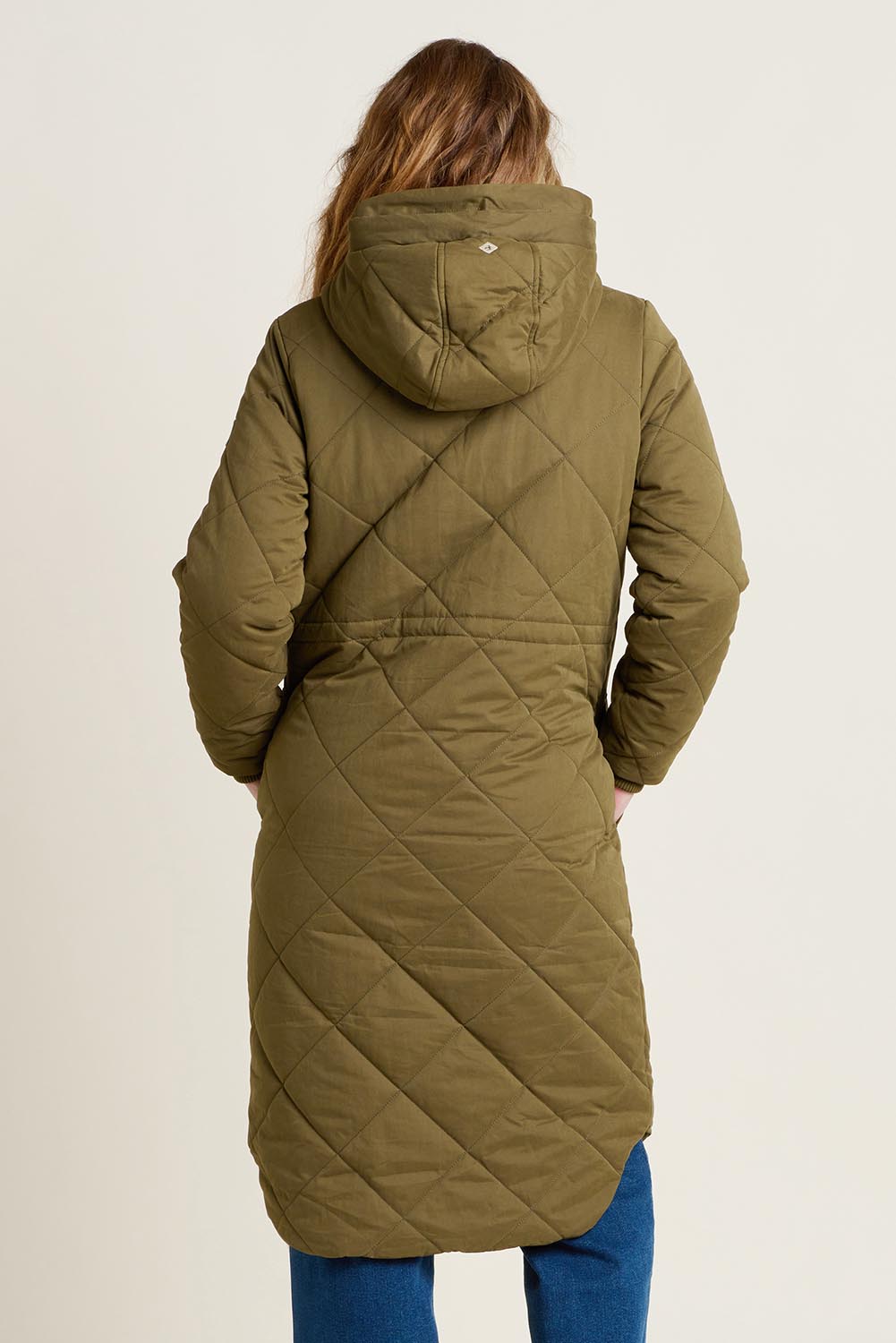 A model wearing the Bradstock Hooded Parka Jacket in colour Khaki (Green), from the back