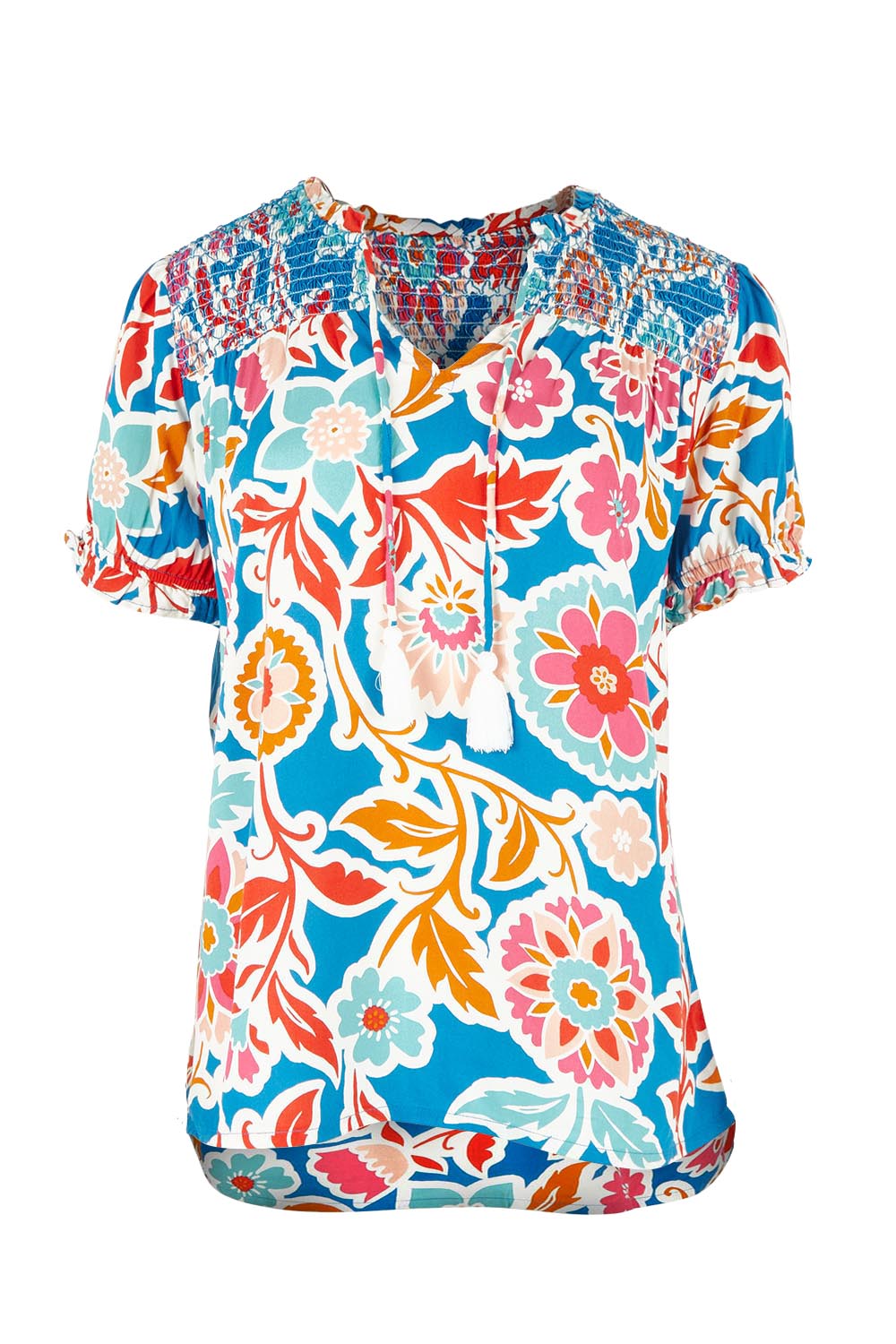 Product shot of the Full Bloom Blouse in colour Multi (Blue), from the front