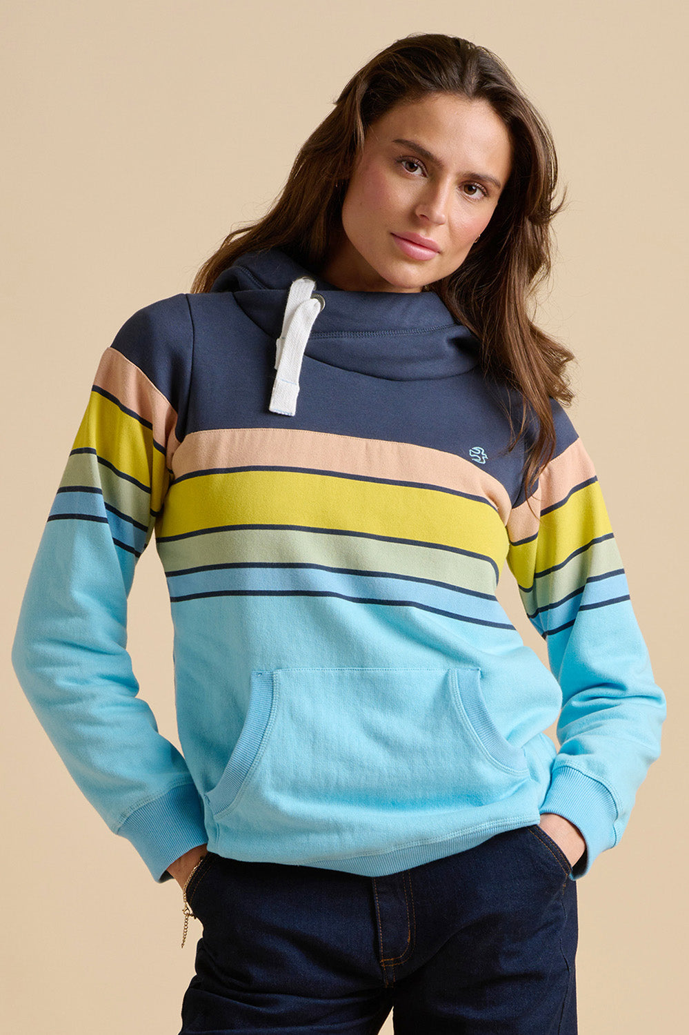 A model wearing the Chest Stripe Elsie Cotton Blend Hoodie in colour Multi (Blue), from the front, cropped image