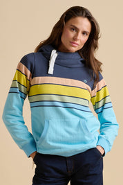 A model wearing the Chest Stripe Elsie Cotton Blend Hoodie in colour Multi (Blue), from the front, cropped image