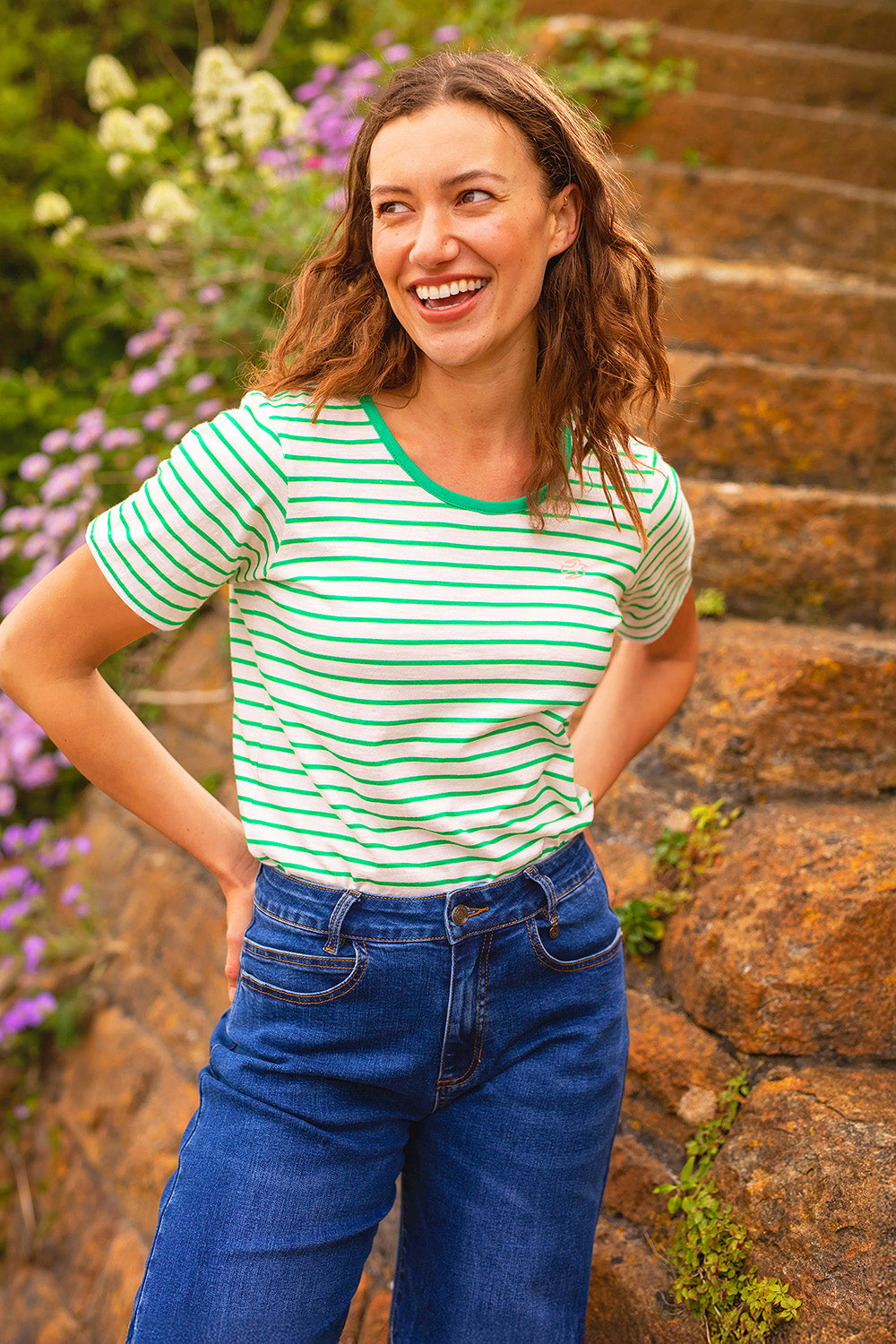 A model wearing the Evergreen Cotton Tee in colour Multi, from the front, cropped image