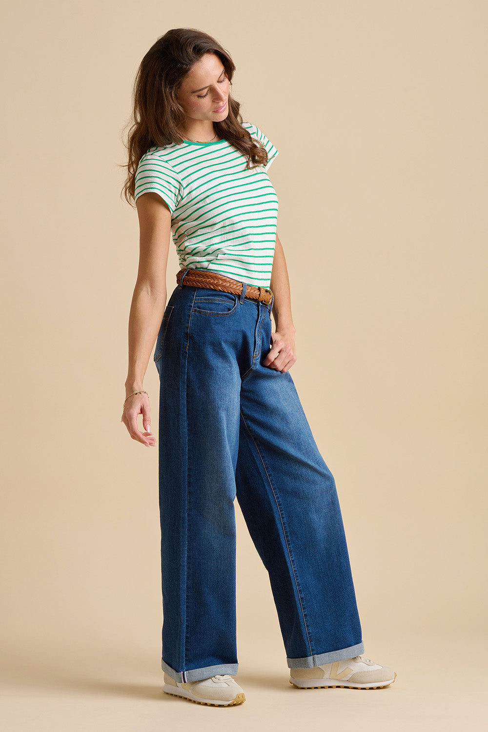 A model wearing the Evergreen Cotton Tee in colour Multi, from the front, showing the whole outfit