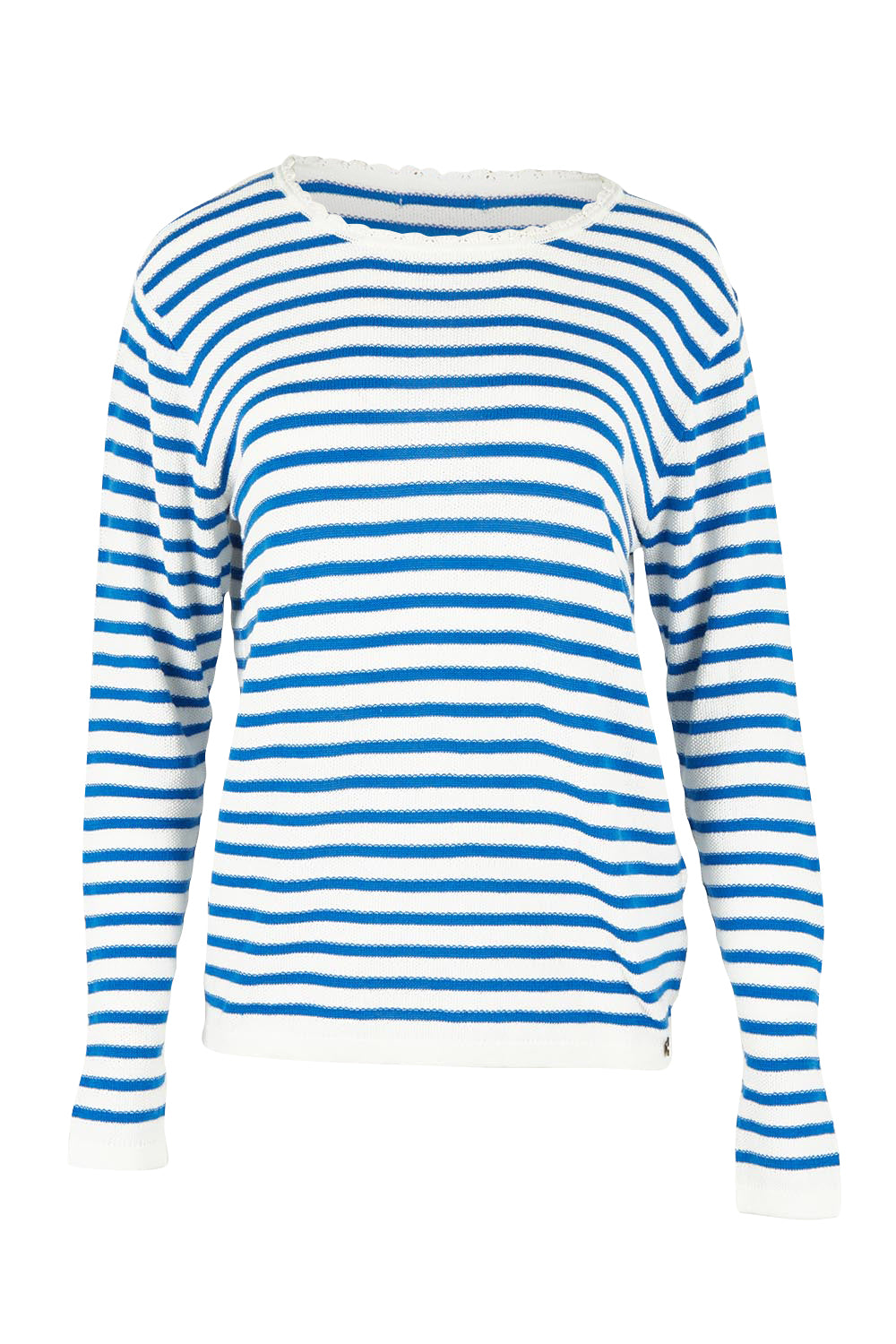 Product shot of the Scallop Neck Knitted Cotton Jumper in colour Blue (Blue), from the front