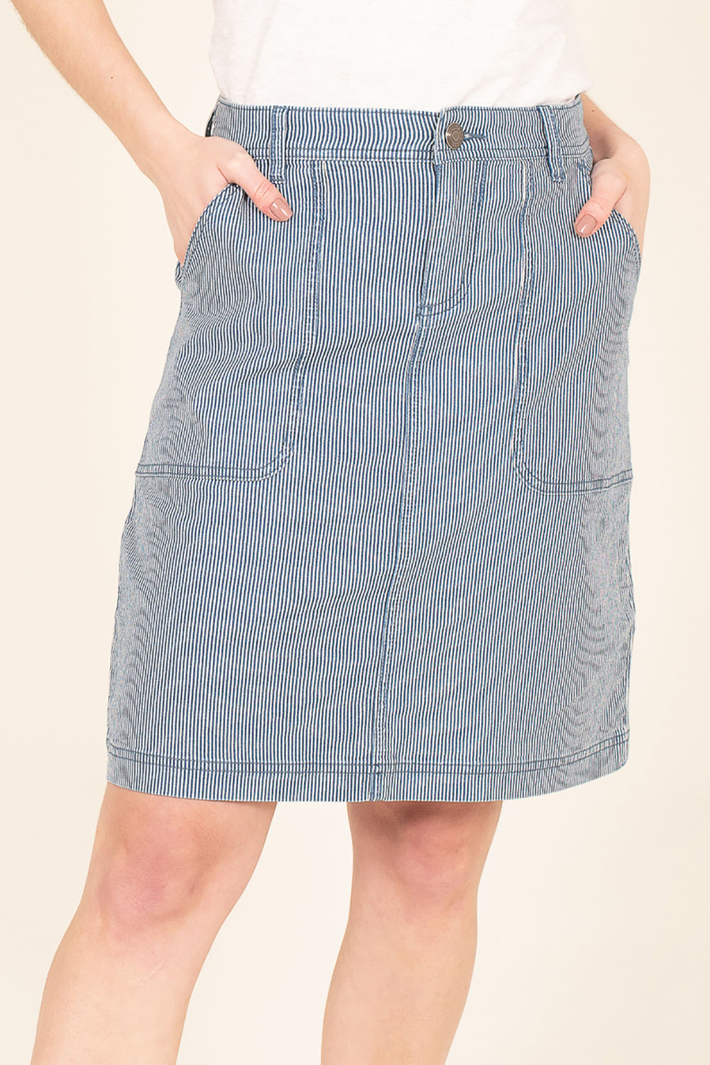 A model wearing the Stripe Denim Skirt in colour Blue (Blue), from the front, cropped image