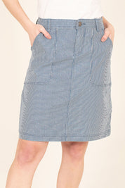 A model wearing the Stripe Denim Skirt in colour Blue (Blue), from the front, cropped image