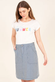 A model wearing the Stripe Denim Skirt in colour Blue (Blue), from the front, cropped image