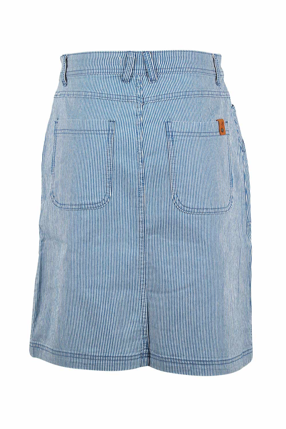 Product shot of the Stripe Denim Skirt in colour Blue (Blue), from the back