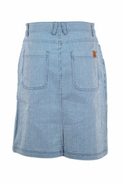 Product shot of the Stripe Denim Skirt in colour Blue (Blue), from the back