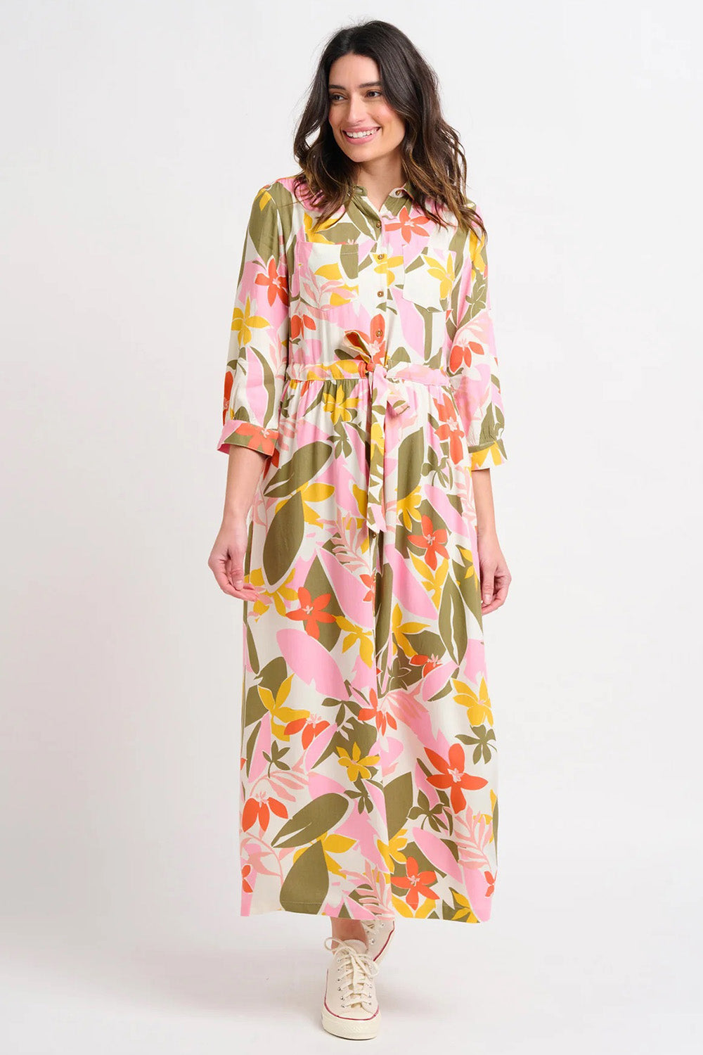 A model wearing the Tropical Palm Shirt Dress in colour Multi (Pink), from the front, showing the whole outfit