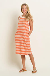 A model wearing the Ava Stripe Sleeveless Dress in colour Stripe, from the front, showing the whole outfit