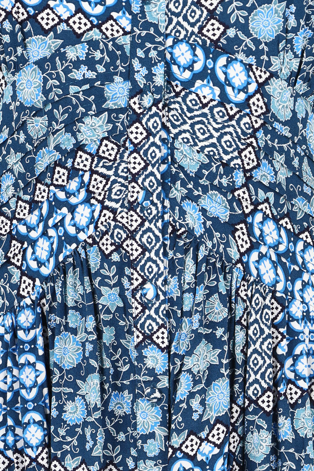 Product shot of the Folk Floral Patchwork Dress in colour Blue (Blue), detail