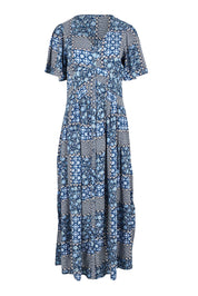 Product shot of the Folk Floral Patchwork Dress in colour Blue (Blue), from the front