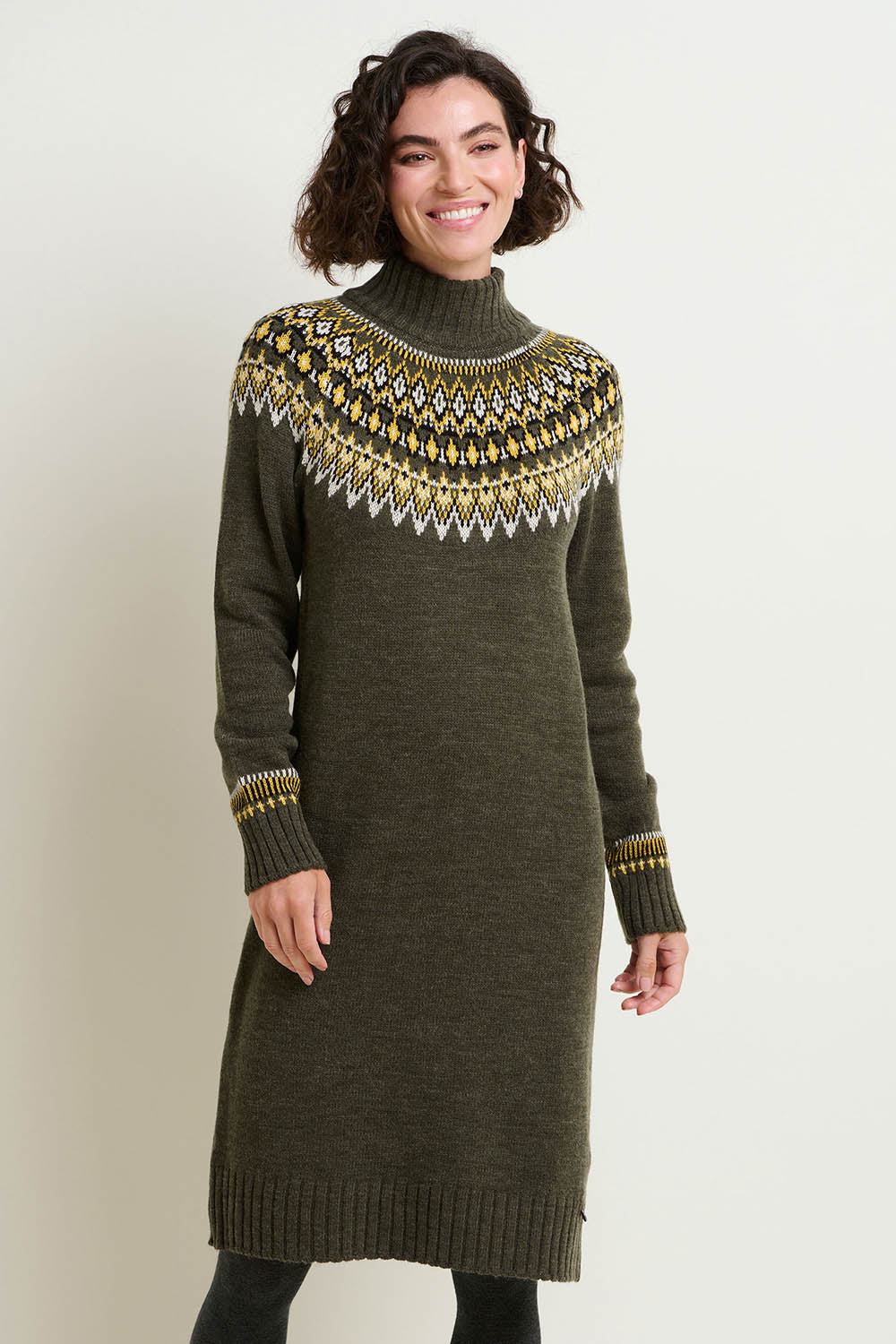 A model wearing the Roll Neck Knitted Dress in colour Grey (Grey), from the front, cropped image