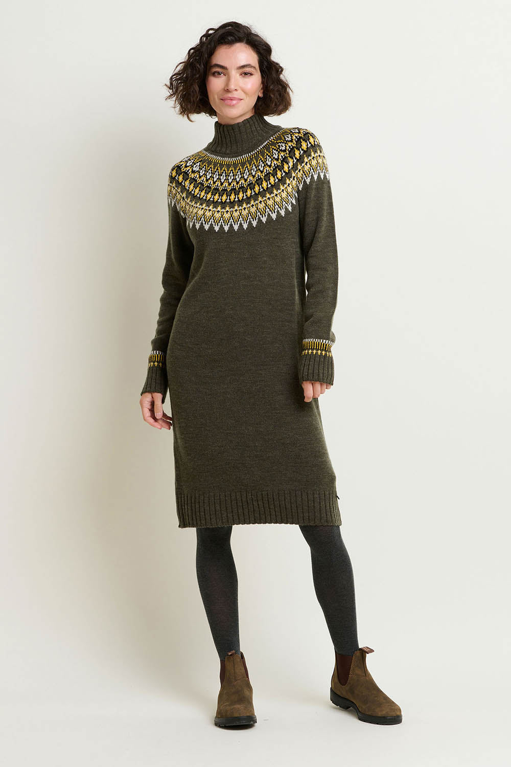 A model wearing the Roll Neck Knitted Dress in colour Grey (Grey), from the front, showing the whole outfit