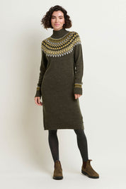 A model wearing the Roll Neck Knitted Dress in colour Grey (Grey), from the front, showing the whole outfit