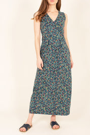 A model wearing the Summer Berry Maxi Dress in colour Multi (Blue), from the front, cropped image
