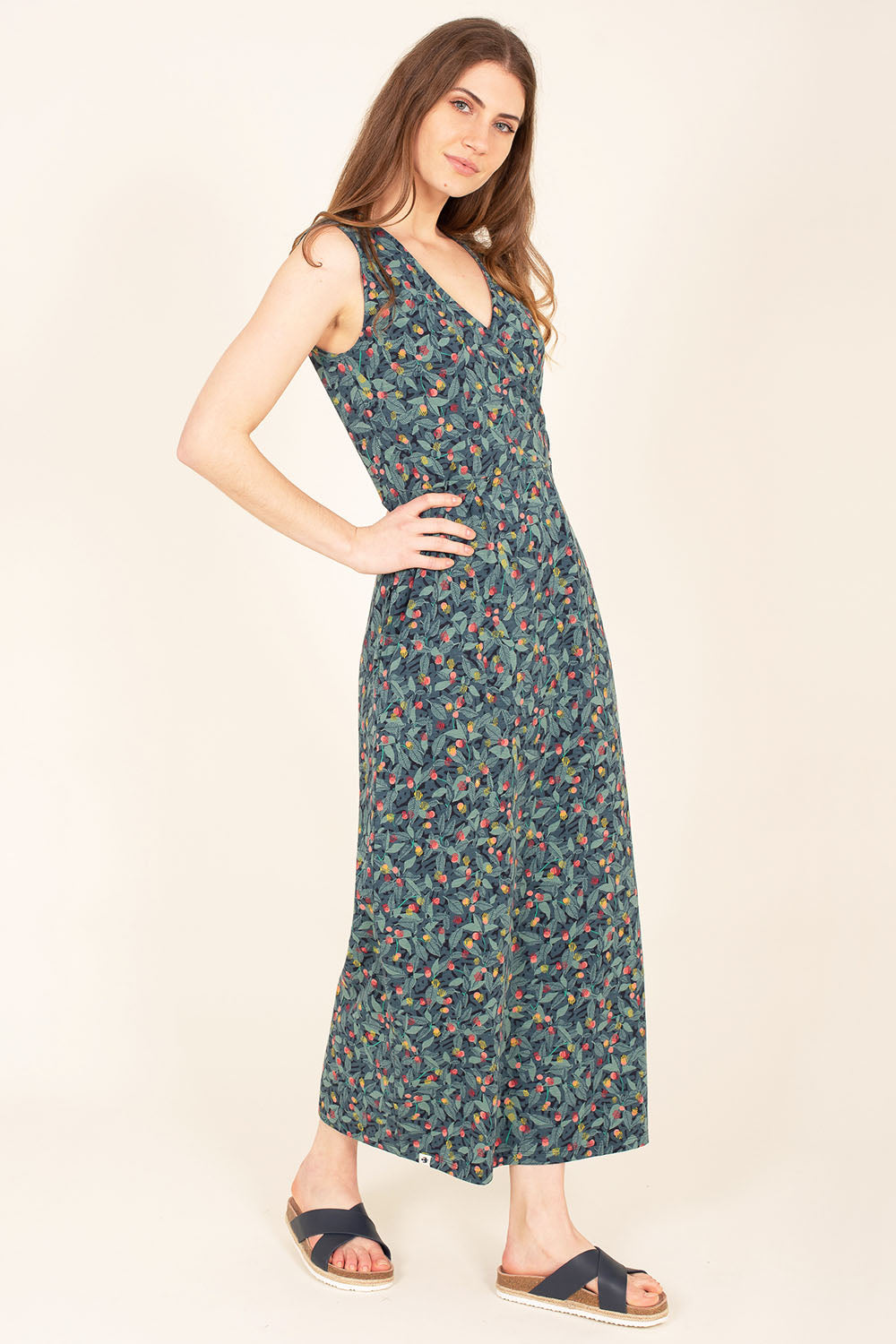A model wearing the Summer Berry Maxi Dress in colour Multi (Blue), from the front, showing the whole outfit