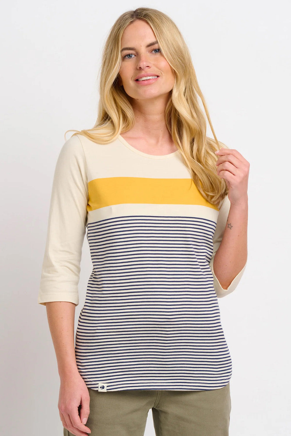 A model wearing the Beach Stripe Tee in colour Multi (Blue), from the front, cropped image