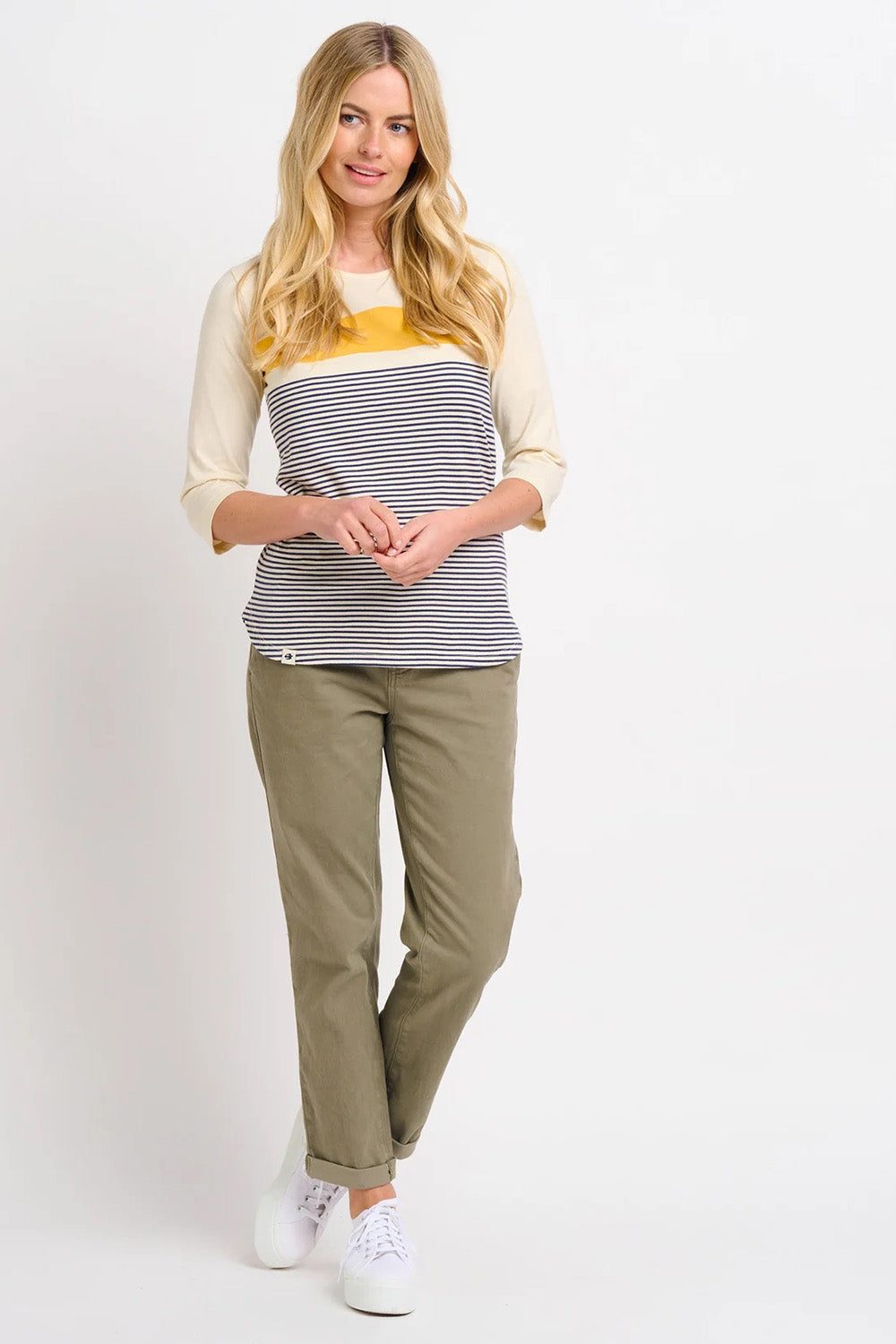 A model wearing the Beach Stripe Tee in colour Multi (Blue), from the front, showing the whole outfit