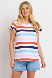 A model wearing the Anna Stripe Tee in colour Multi (Blue), from the front, cropped image