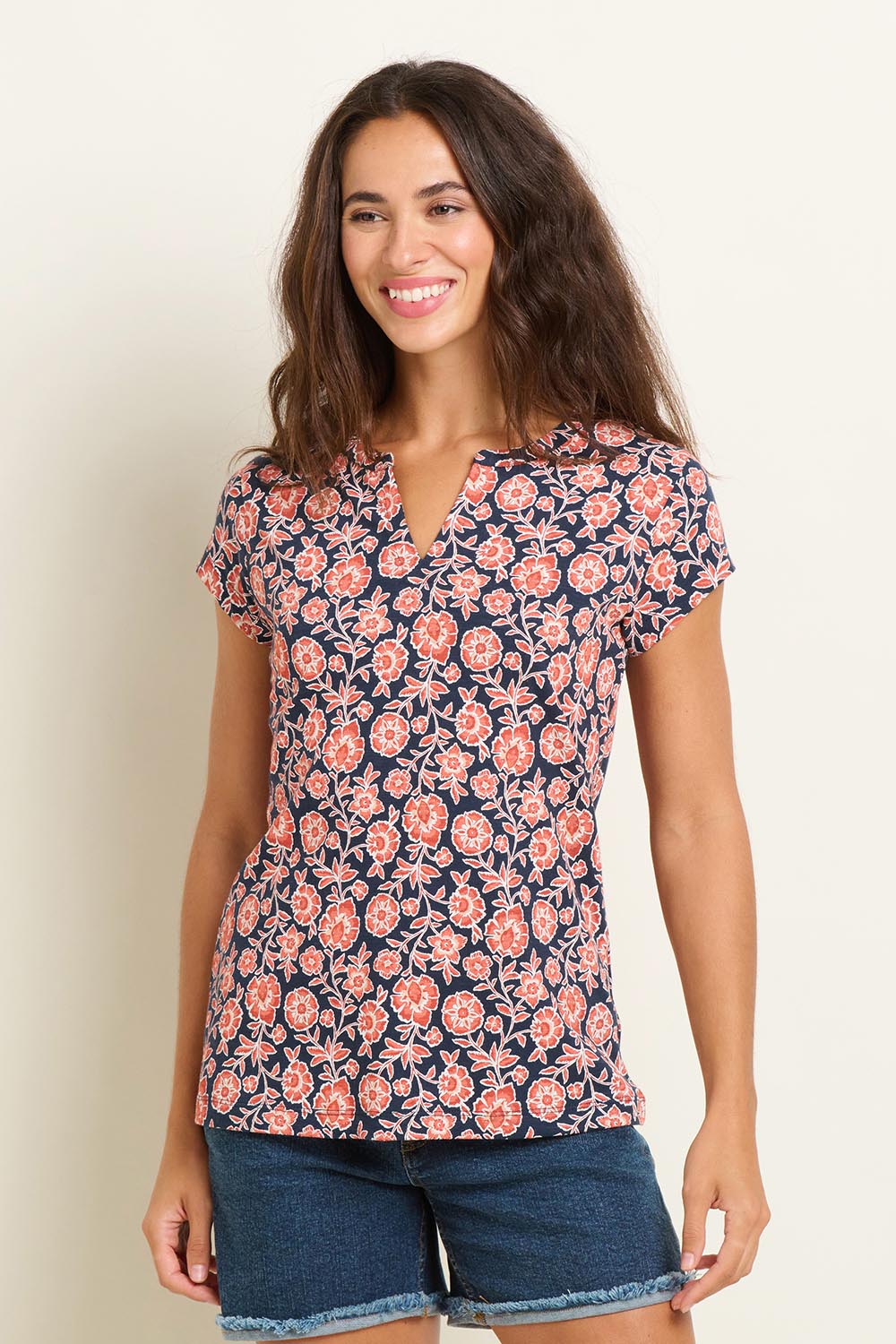 A model wearing the Boho Floral T Shirt in colour Multi (Blue), from the front, cropped image