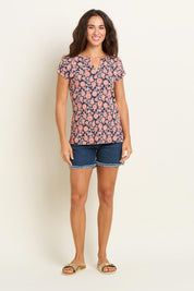 A model wearing the Boho Floral T Shirt in colour Multi (Blue), from the front, showing the whole outfit