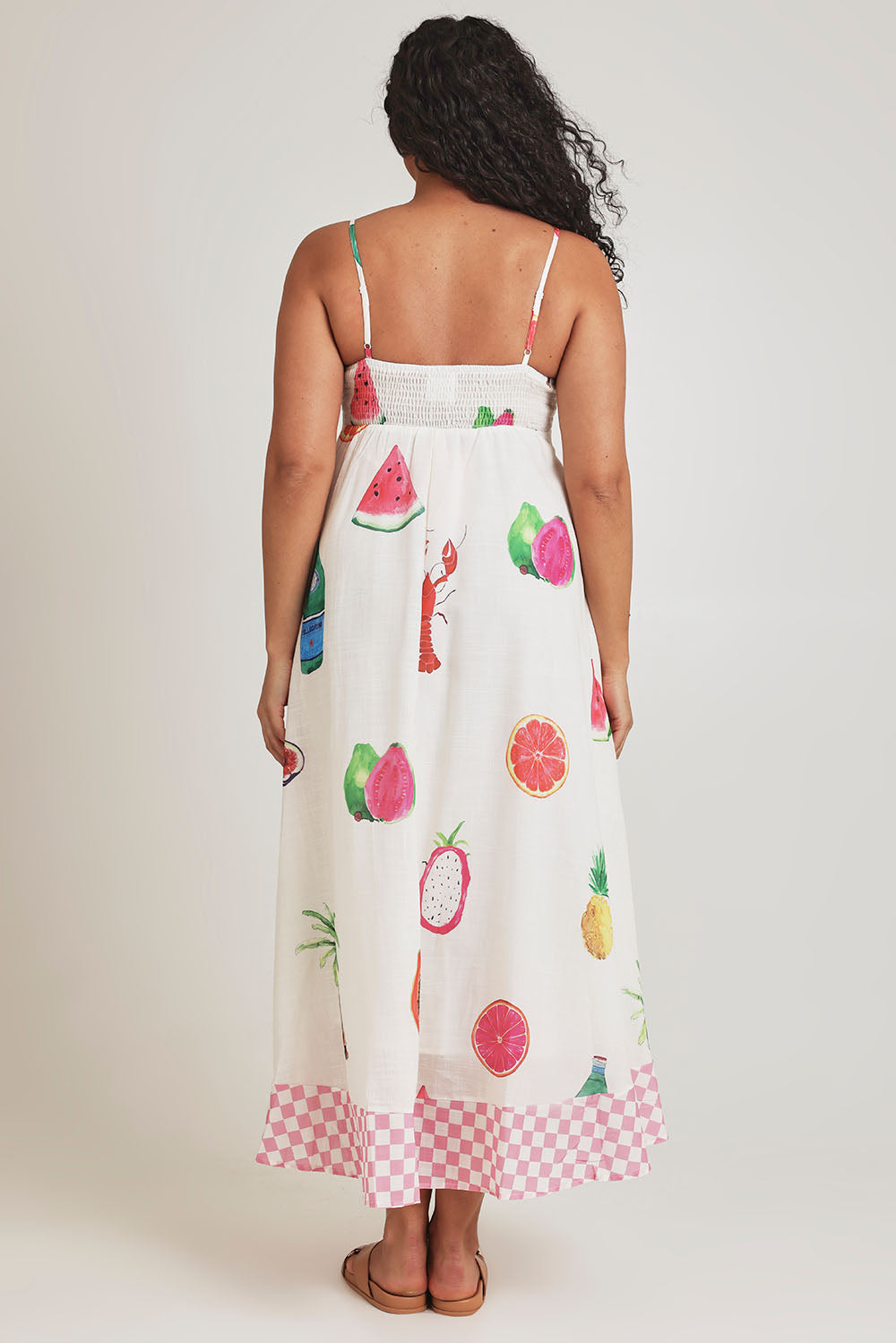Model Terri-Leigh wearing size L of the Tutti Fruitti Cotton Maxi Dress in colour Fruit, from the back
