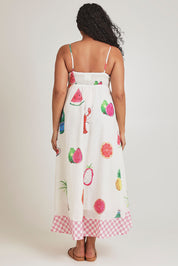 Model Terri-Leigh wearing size L of the Tutti Fruitti Cotton Maxi Dress in colour Fruit, from the back