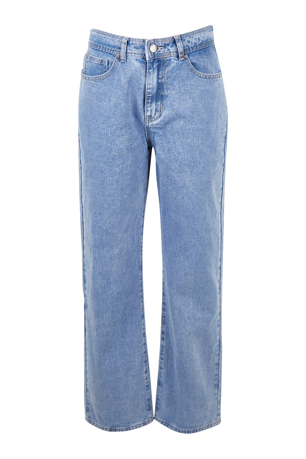 Product shot of the Taylor Straight Jean in colour Midblue (Blue), from the front
