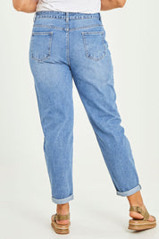 Model Terri-Leigh wearing size 14 of the Elle Straight Jean in colour Midblue (Blue), from the back