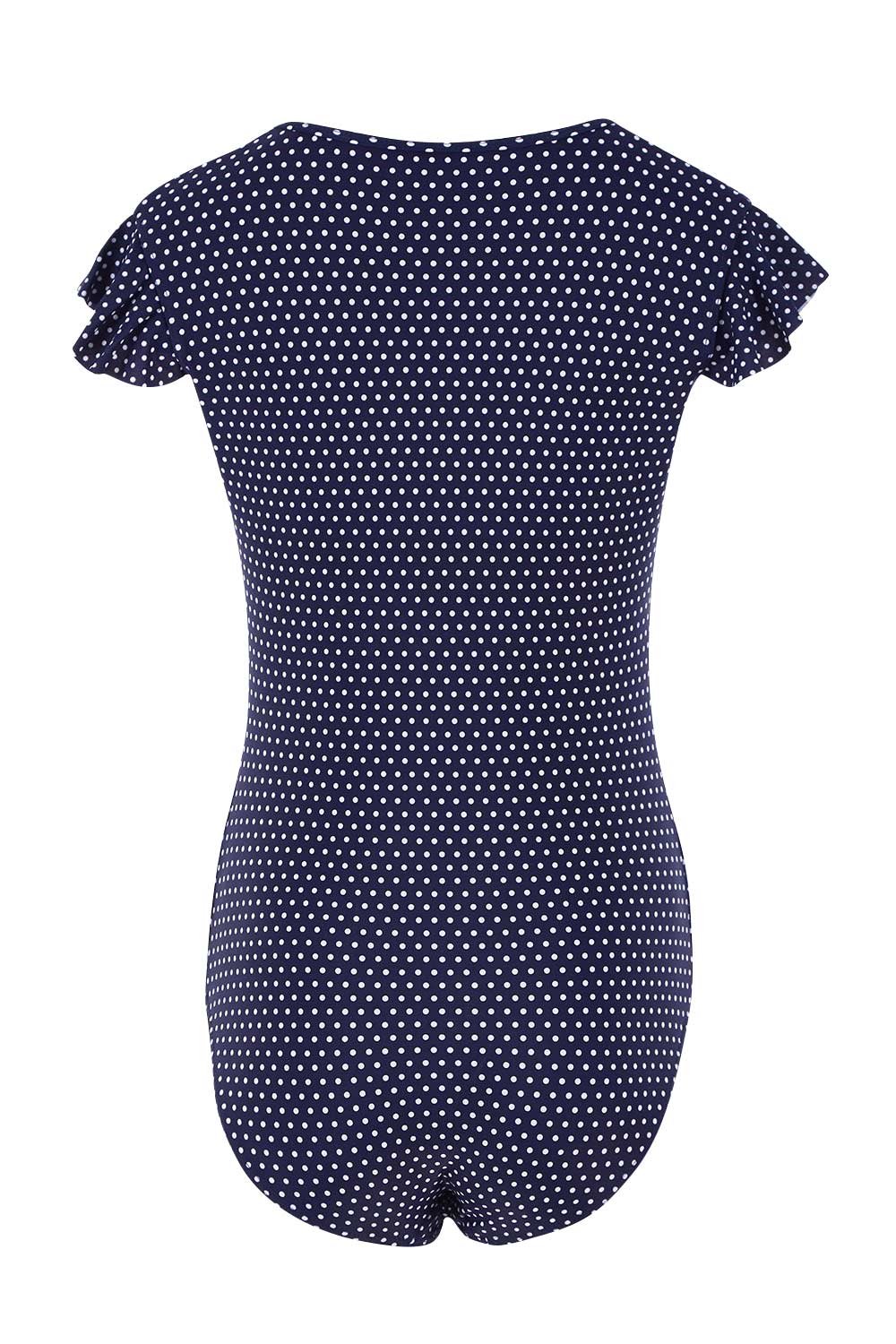 Product shot of the Dots Zip Front Panelled One Piece in colour Navy (Blue), from the back