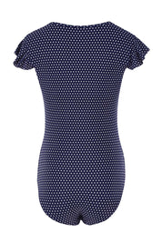 Product shot of the Dots Zip Front Panelled One Piece in colour Navy (Blue), from the back