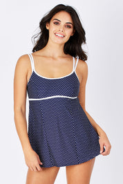 Model Monique wearing size 12 of the Underwire Swim Dress in colour NavyWhite (Blue), from the front, cropped image