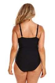 A model wearing the Criss Cross One Piece in colour Black (Black), from the back