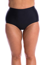 A model wearing the High Waisted Pants in colour Black (Black), from the front, cropped image