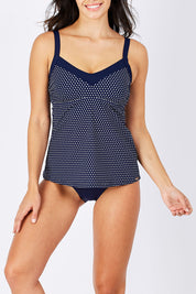 Model Monika wearing size 10 of the Underwire Tankini Top in colour NavyWhite (Blue), from the front, cropped image