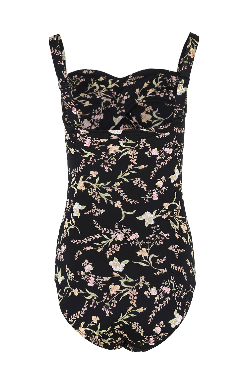 Product shot of the Twist Front Bandeau One Piece in colour Wildflower (Black), from the back