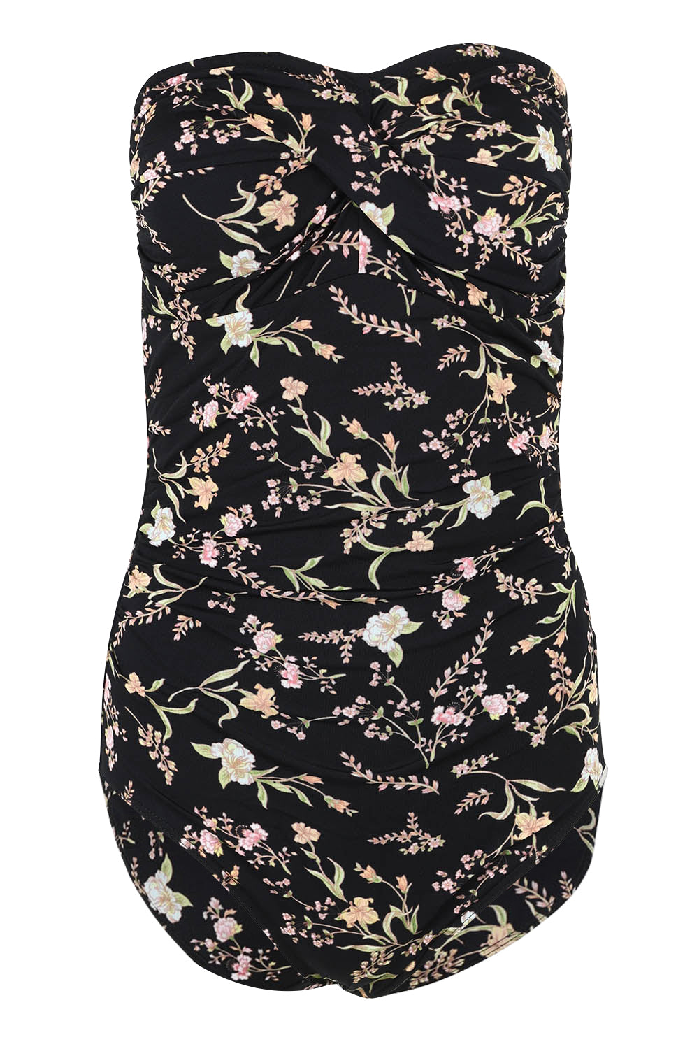 Product shot of the Twist Front Bandeau One Piece in colour Wildflower (Black), detail