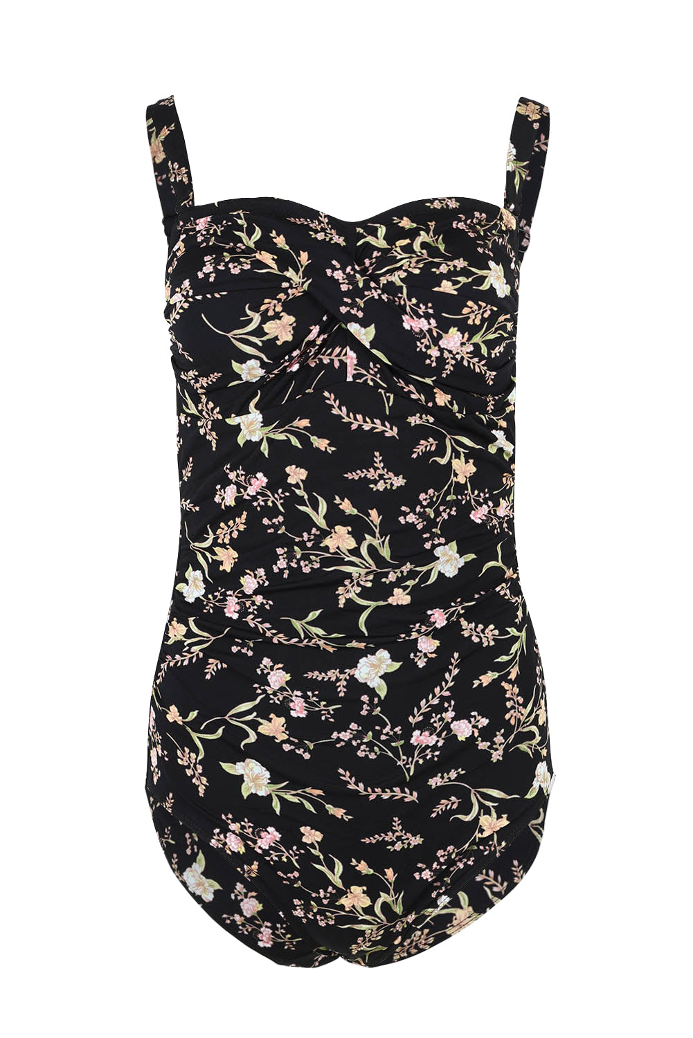 Product shot of the Twist Front Bandeau One Piece in colour Wildflower (Black), from the front